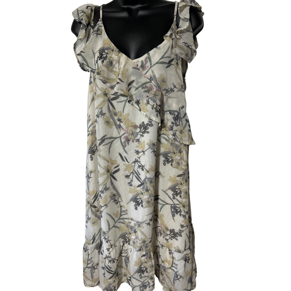 Filly Flair Floral Print Midi Dress Sleeveless Ruffle V Neck Ivory L